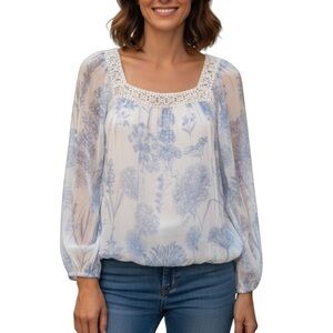 Elena Baldi Silk Floral Long Sleeve Whimsical Ethereal Blouse Medium White Blue